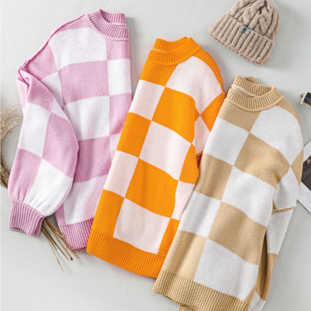 Pink Checkered Bubble Sleeved Crew Neck Knit Sweater - Picture 8 of 11